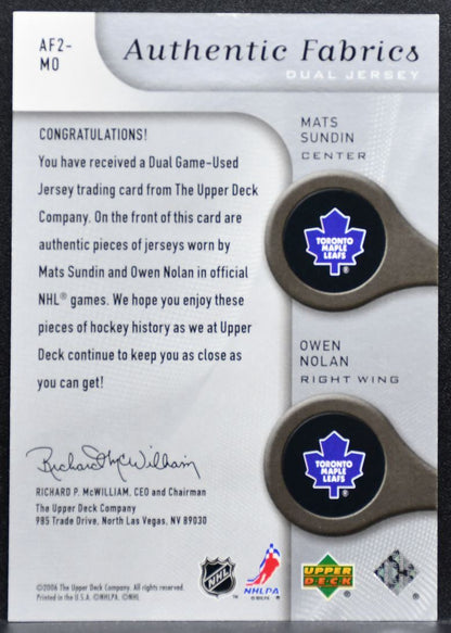 2005-06 SP Game Used Authentic Fabrics Dual Sundin/Nolan 018/100 Jersey 4675