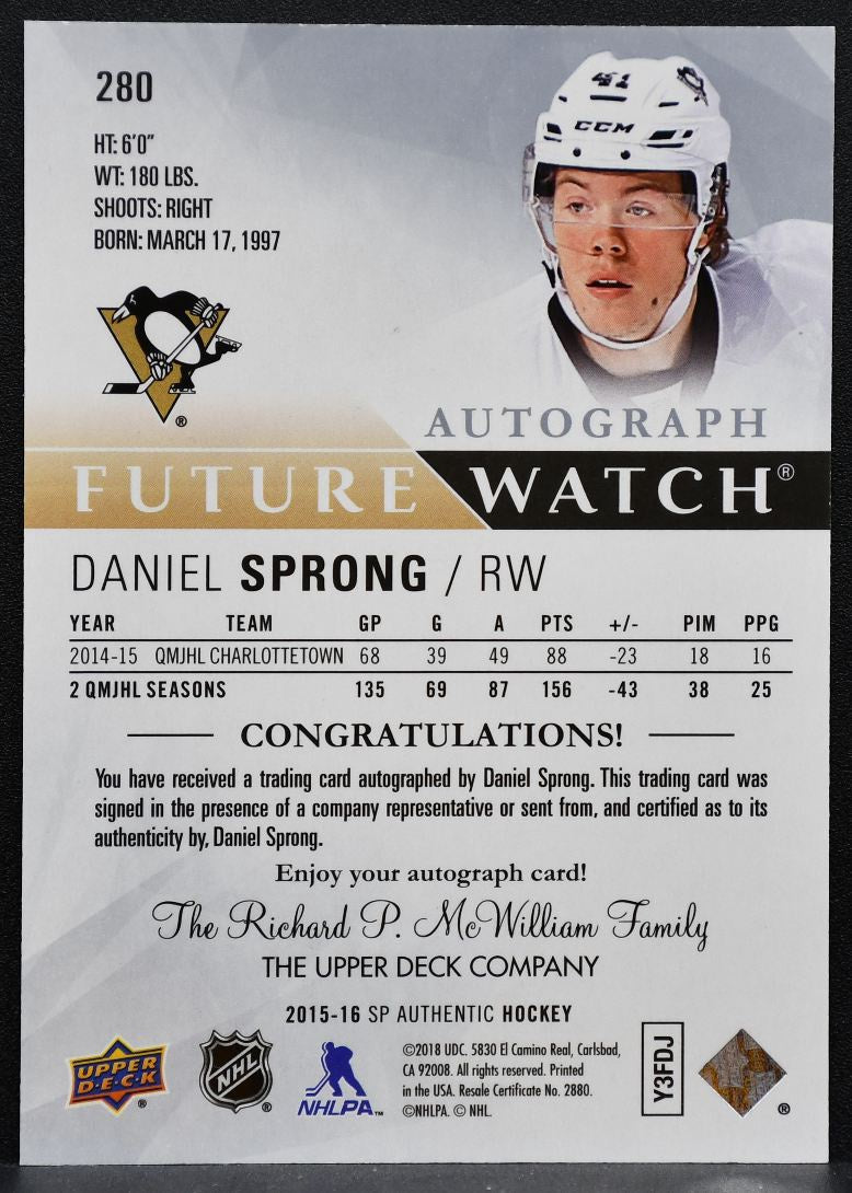 2015-16 SP Authentic Future Watch Auto Daniel Sprong RC Auto 938/999 1674
