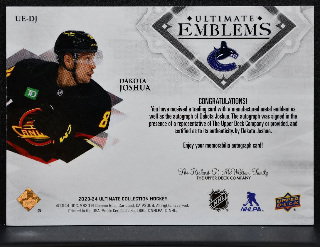 2023-24 UD Ultimate Collection Emblems Auto Dakota Joshua Canucks Auto 2690