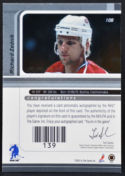 2001-02 Be a Player Signature Series Auto Richard Zednik 108 Canadiens Auto 9277