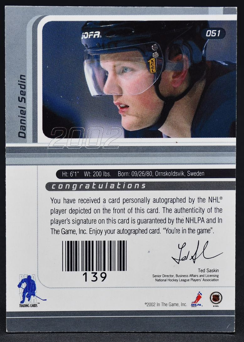 2002-03 In The Game Be a Player Signature Series Daniel Sedin 051 Auto
