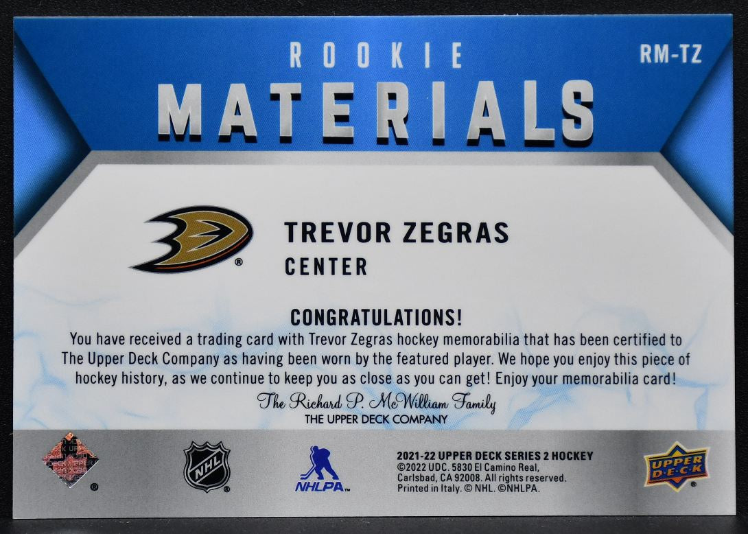 2021-22 Upper Deck Rookie Materials Trevor Zegras RM-TZ RC Jersey 8715