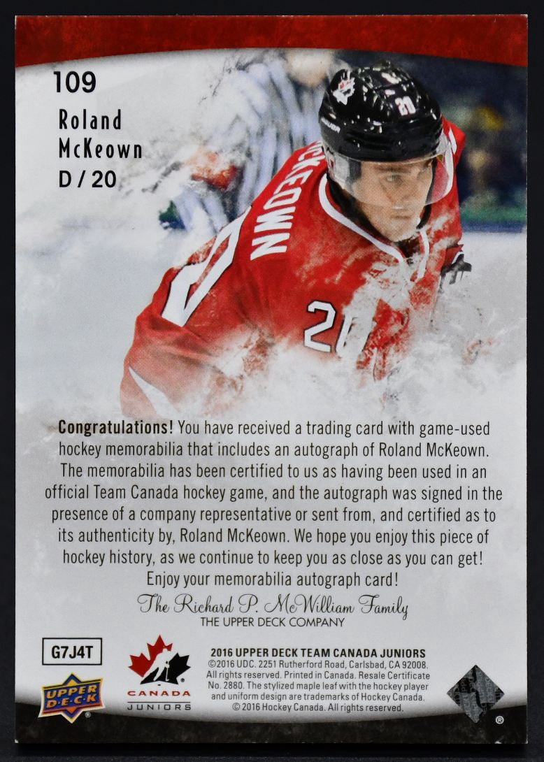 2016-17 UD Team Canada Juniors Auto Patch Roland McKeown 109 Auto /199 Patch