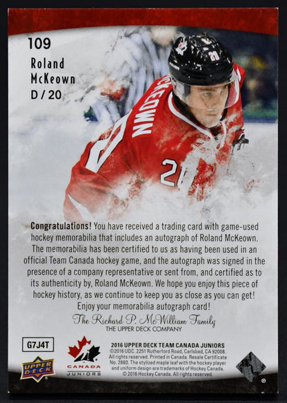 2016-17 UD Team Canada Juniors Auto Patch Roland McKeown 109 Auto /199 Patch