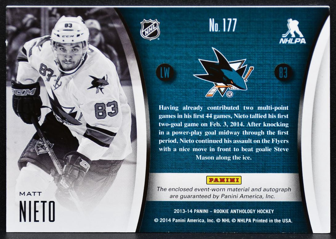 2013-14 Panini Anthology Selection Nieto 177 Sharks RC Auto 108/249 Jersey 2827