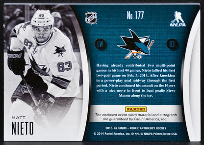 2013-14 Panini Anthology Selection Nieto 177 Sharks RC Auto 108/249 Jersey 2827