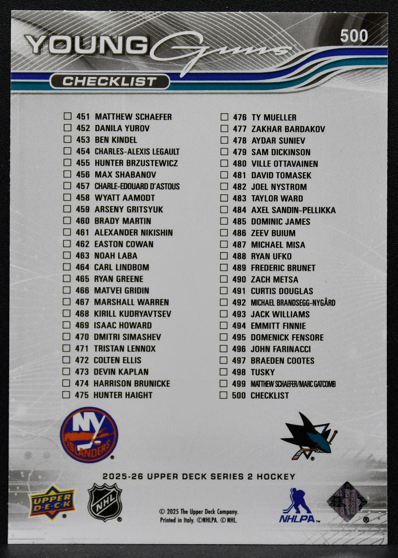 25-26 UD Series 2 Young Guns Checklist Misa / Schaefer 500 Sharks / Islanders RC 9331
