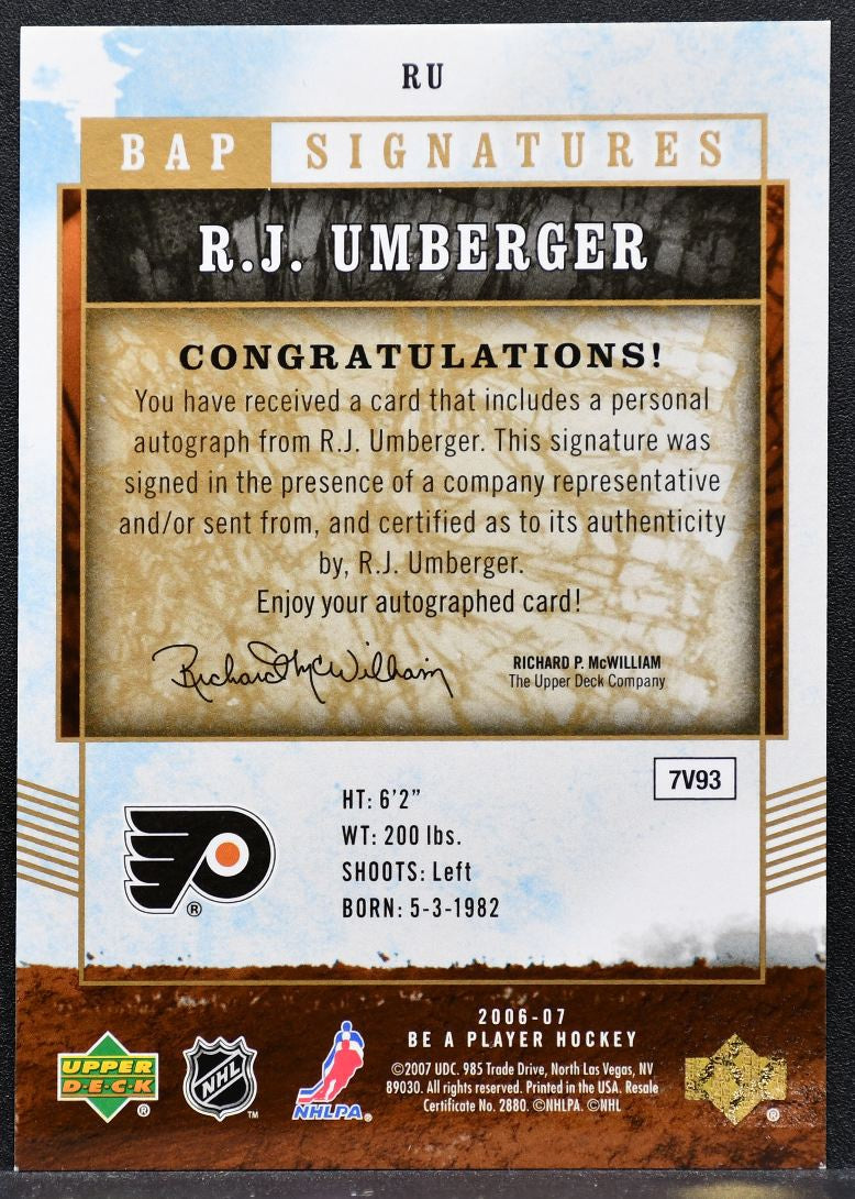 2006-07 Be A Player Signatures R.J. Umberger RU Philadelphia Flyers Auto 1504