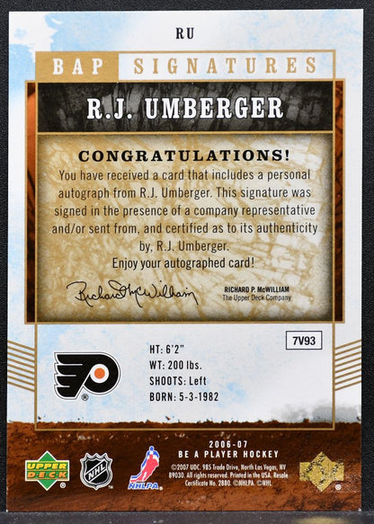 2006-07 Be A Player Signatures R.J. Umberger RU Philadelphia Flyers Auto 1504