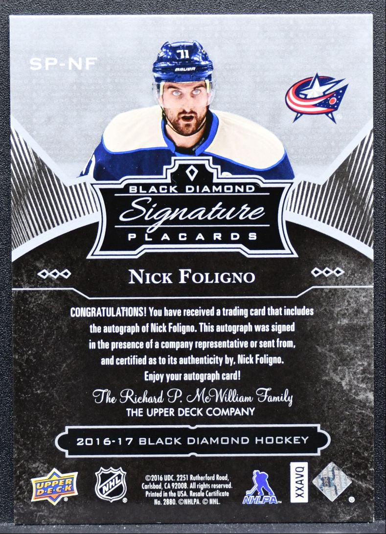 2016-17 UD Black Diamond Signature Placards Nick Foligno SP-NF Jackets Auto 0208