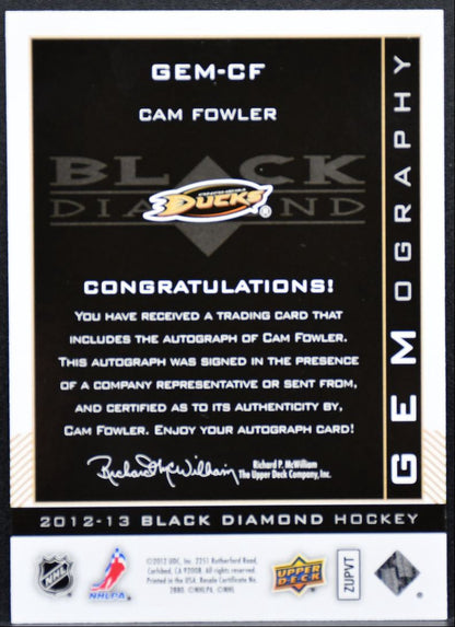 2012-13 Upper Deck Black Diamond Gemography Cam Fowler Anaheim Ducks Auto 0598