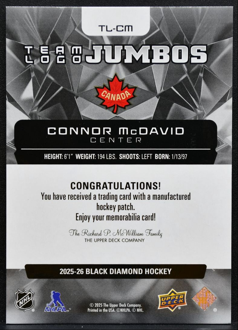 2025-26 Black Diamond Team Logo Jumbo 4 Nations Canada McDavid Patch 0696