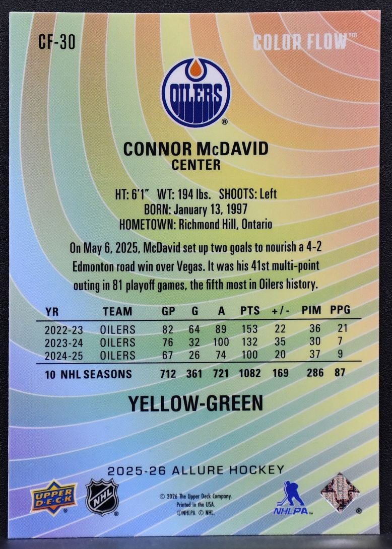 2025-26 UD Allure Color Flow Yellow-Green Connor McDavid CF-30 Edmonton Oilers 7727
