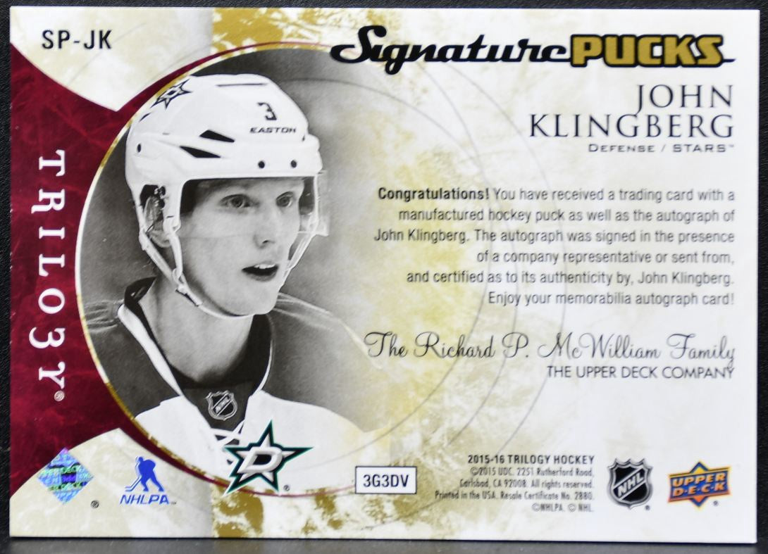 2015-16 Upper Deck Trilogy Signature Pucks John Klingberg SP-JK Stars Auto 8501