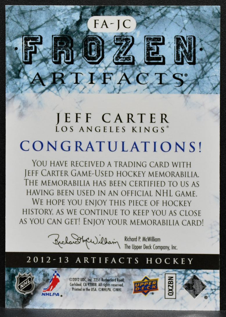 2012-13 Upper Deck Artifacts Frozen Jerseys Blue Jeff Carter Kings Jersey 2648