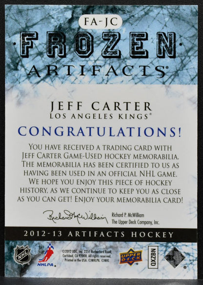 2012-13 Upper Deck Artifacts Frozen Jerseys Blue Jeff Carter Kings Jersey 2648