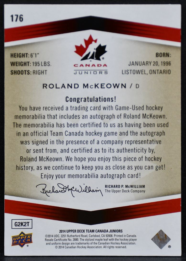 2014-15 UD Team Canada Juniors Base McKeown Canada Auto 037/199 Jersey 5668