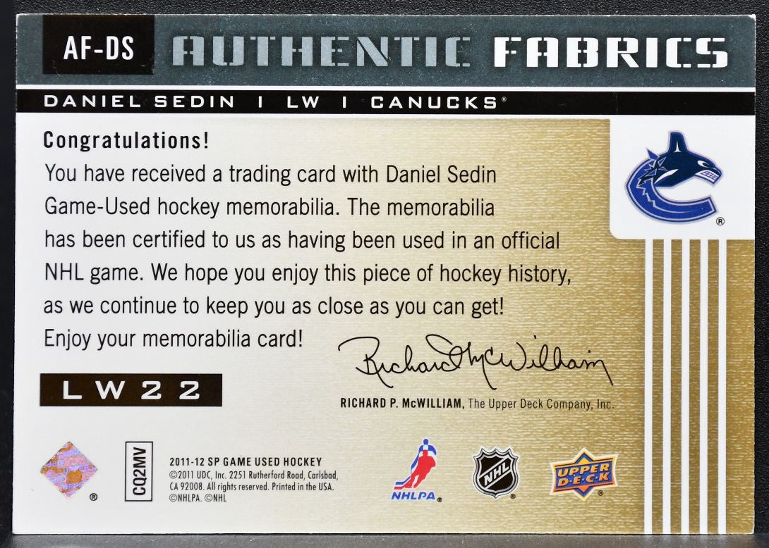 2011-12 SP Game Used Authentic Fabrics Daniel Sedin AF-DS Canucks Jersey 3810