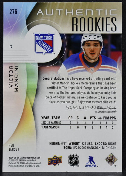 2024-25 SP Game Used Red Jersey Victor Mancini 276 New York Rangers RC Jersey 6904