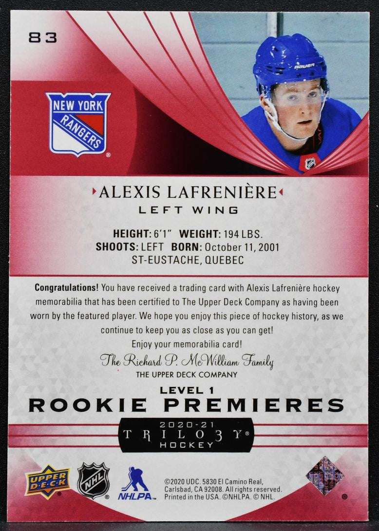 2020-21 UD Trilogy Rookie Premieres Red Foil Lafreniere Rangers RC Jersey 6859