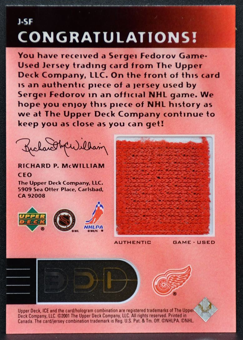 2001-02 Upper Deck Ice Jerseys Sergei Fedorov J-SF Detroit Red Wings Jersey 4060