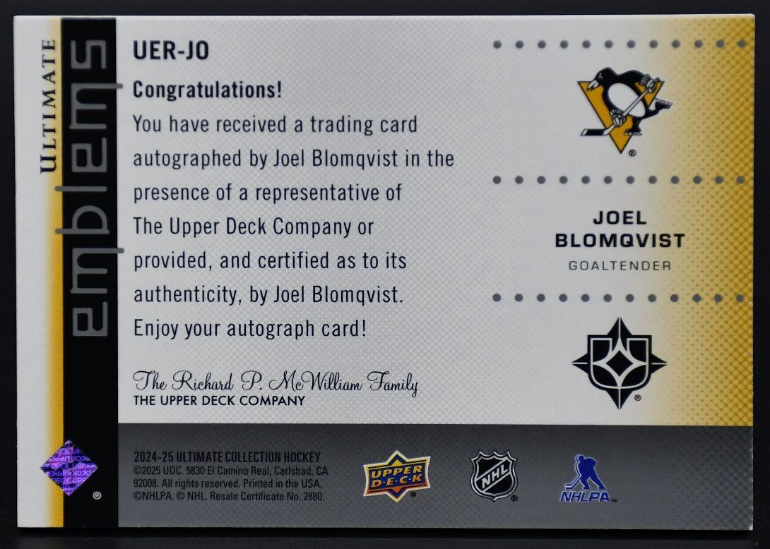 2024-25 UD Ultimate Collection Joel Blomqvist UER-JO Pittsburgh Penguins RC Auto