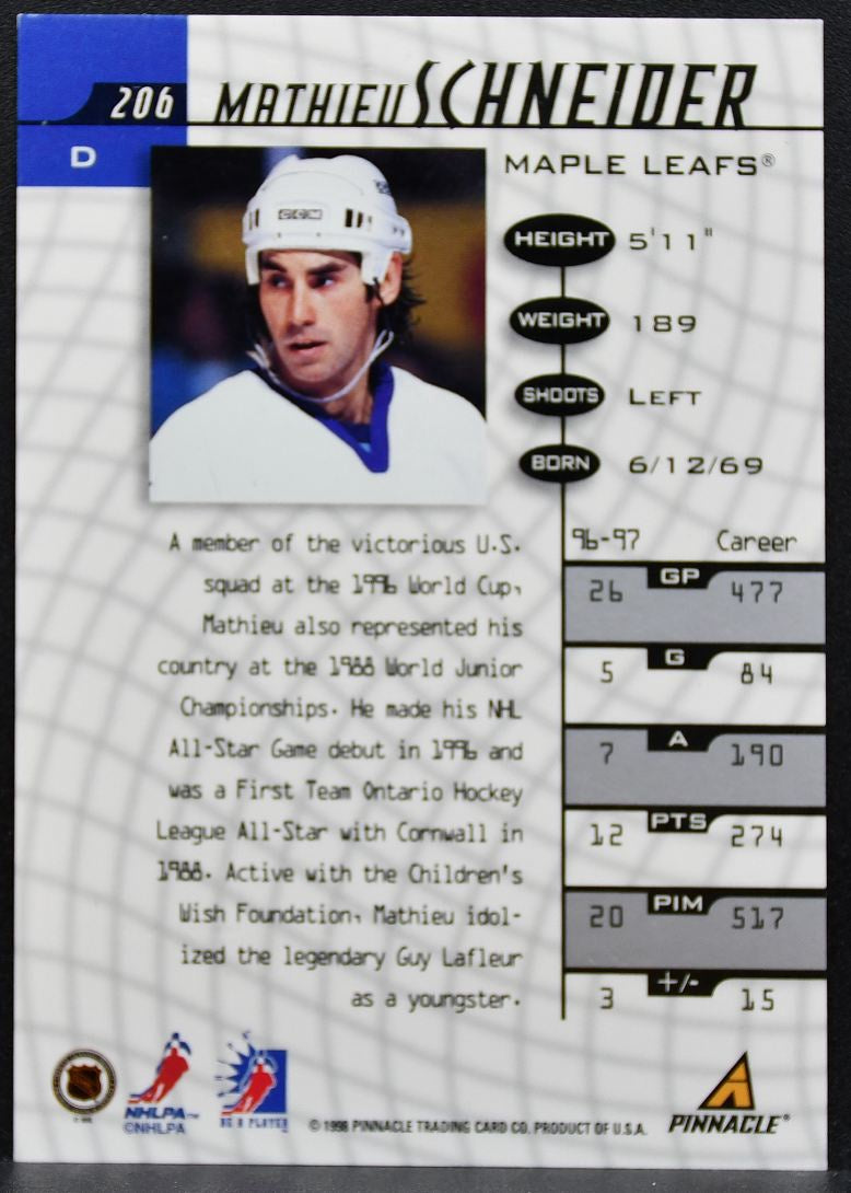 1997-98 Pinnacle Be a Player Autographs Mathieu Schneider Maple Leafs Auto 2595