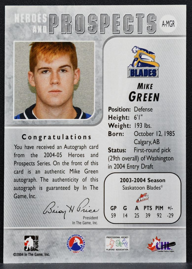 2004-05 ITG Heroes and Prospects Autographs Mike Green A-MGR Blades Auto 2066