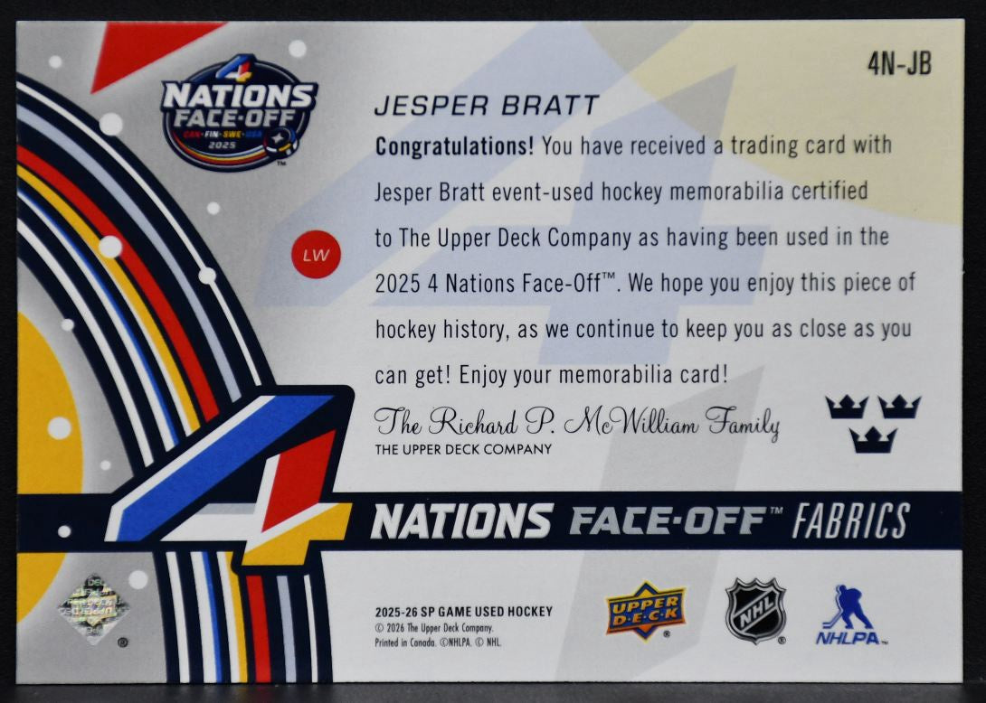 2025-26 SP Game Used 4 Nations Face Off Fabrics Jesper Bratt 4N-JB Sweden Jersey 1299