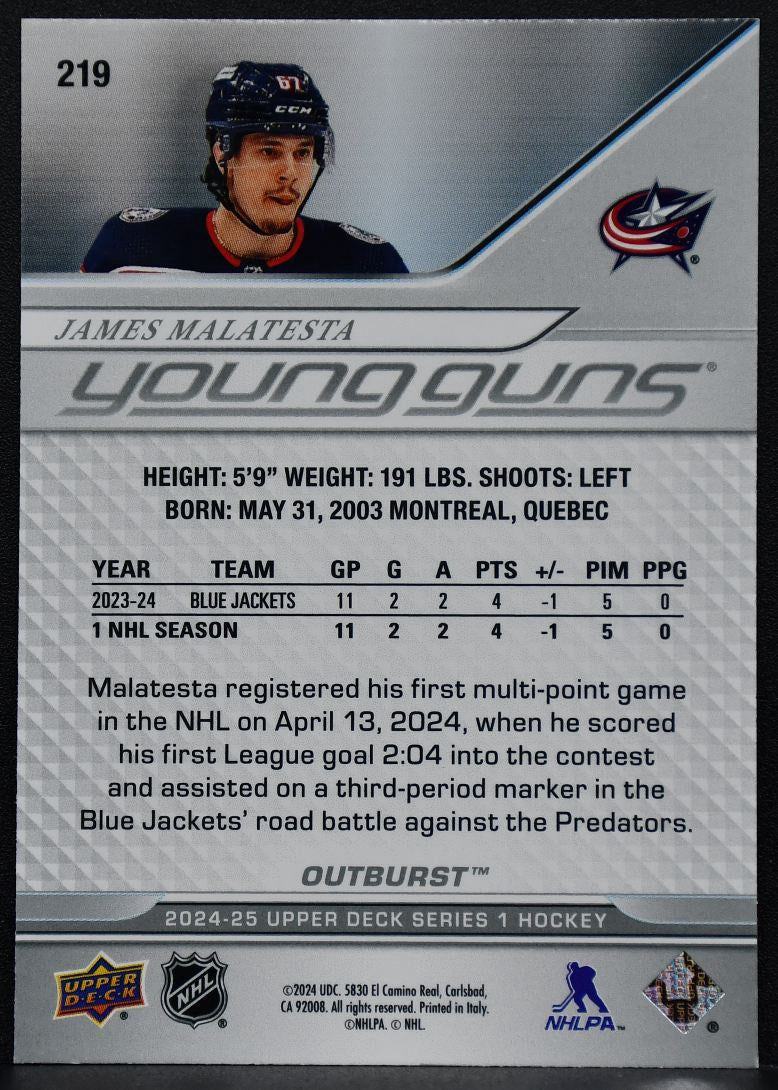 24-25 UD Series 1 Young Guns Outburst James Malatesta 219 Blue Jackets RC 4695