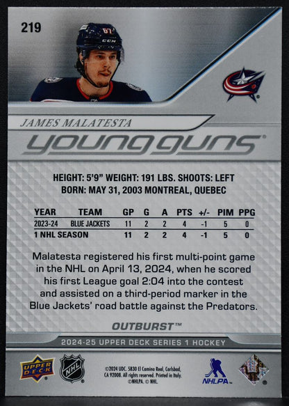 24-25 UD Series 1 Young Guns Outburst James Malatesta 219 Blue Jackets RC 4695