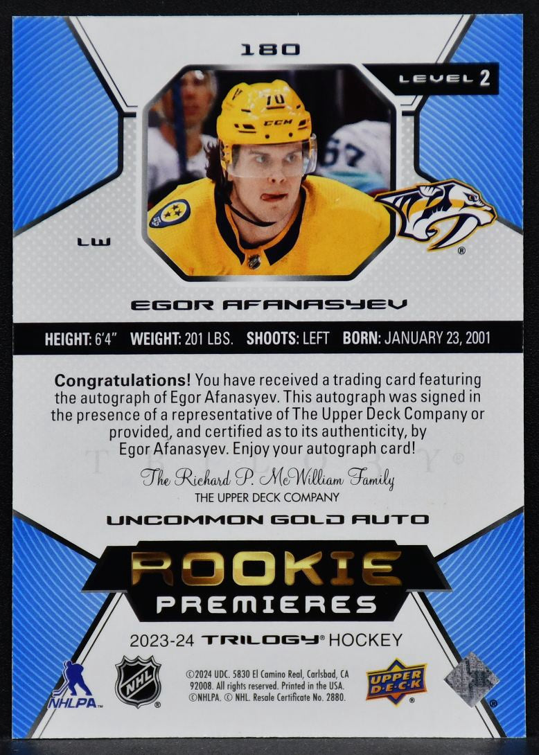 2023-24 UD Trilogy Rookie Premieres Gold Auto Egor Afanasyev 180 RC Auto /149