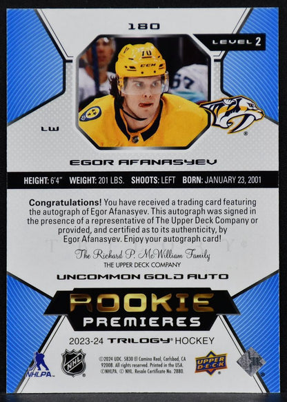 2023-24 UD Trilogy Rookie Premieres Gold Auto Egor Afanasyev 180 RC Auto /149