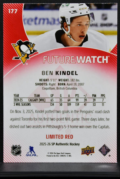 2025-26 SP Authentic Future Watch Limited Red Ben Kindel 177 Penguins RC 9256