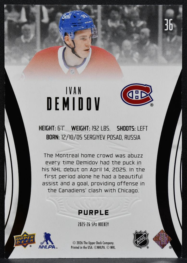 2025-26 SPx Finite Rookie Purple Ivan Demidov 36 Montreal Canadiens /99 7989