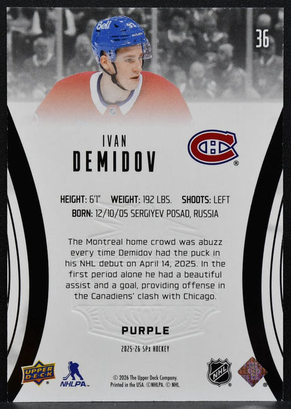 2025-26 SPx Finite Rookie Purple Ivan Demidov 36 Montreal Canadiens /99 7989