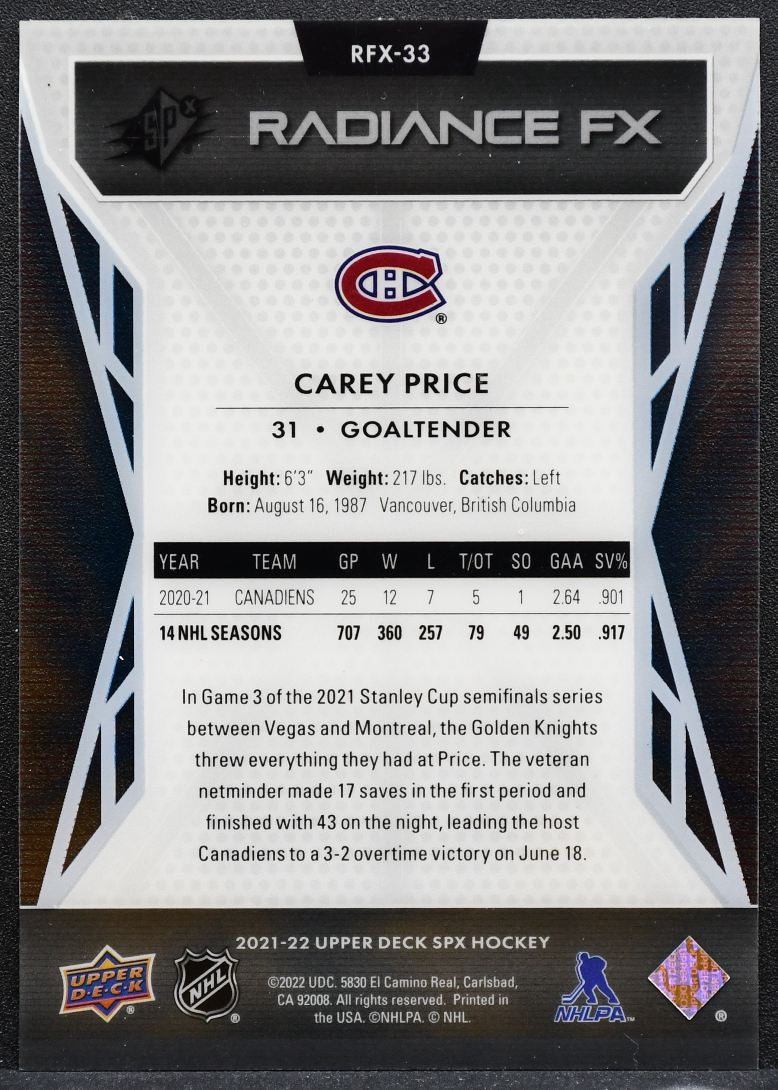 2021-22 SPx Radiance F/X Carey Price RFX-33 Montreal Canadiens 8778
