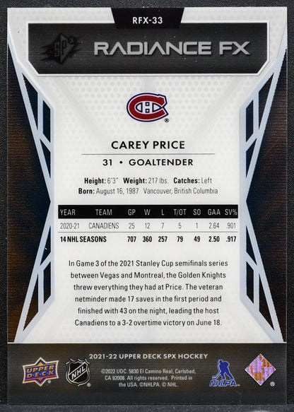 2021-22 SPx Radiance F/X Carey Price RFX-33 Montreal Canadiens 8778