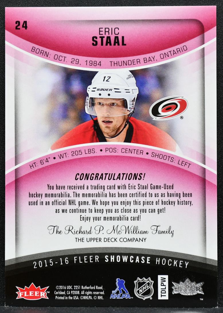 2015-16 Fleer Showcase Red Glow Eric Staal 24 Hurricanes 49/99 Jersey 4794