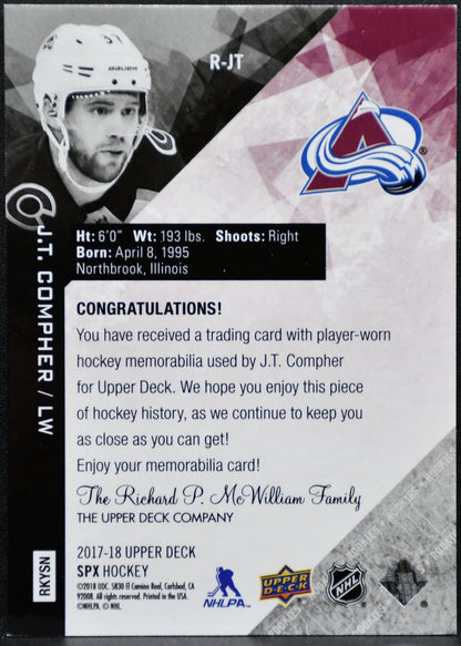 2017-18 SPx Rookies Jersey J.T. Compher R-JT Avalanche 192/299 Jersey 0108