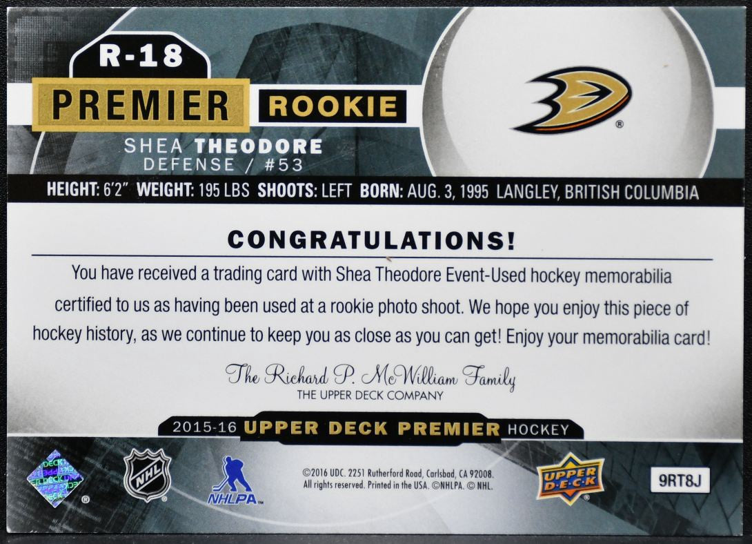 2015-16 Upper Deck Premier Rookie Jersey Shea Theodore R-18 Ducks RC Jersey 8488