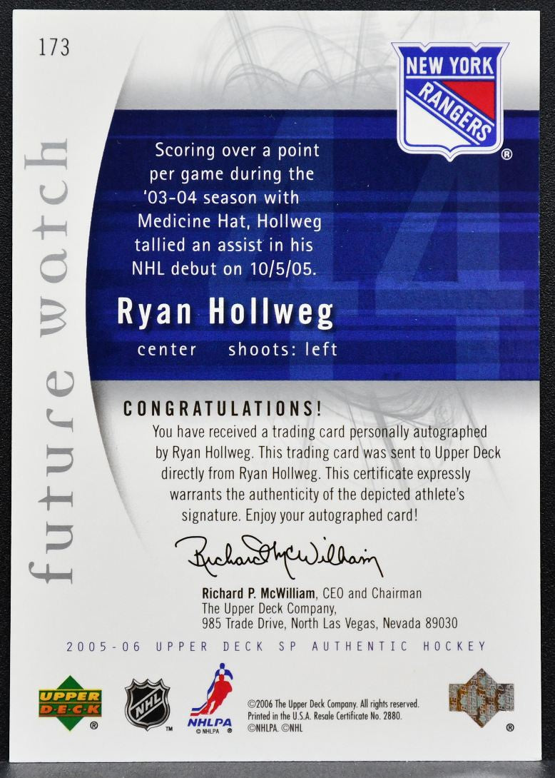 2005-06 SP Authentic Future Watch Auto Ryan Hollweg Rangers RC Auto 692/999 1892