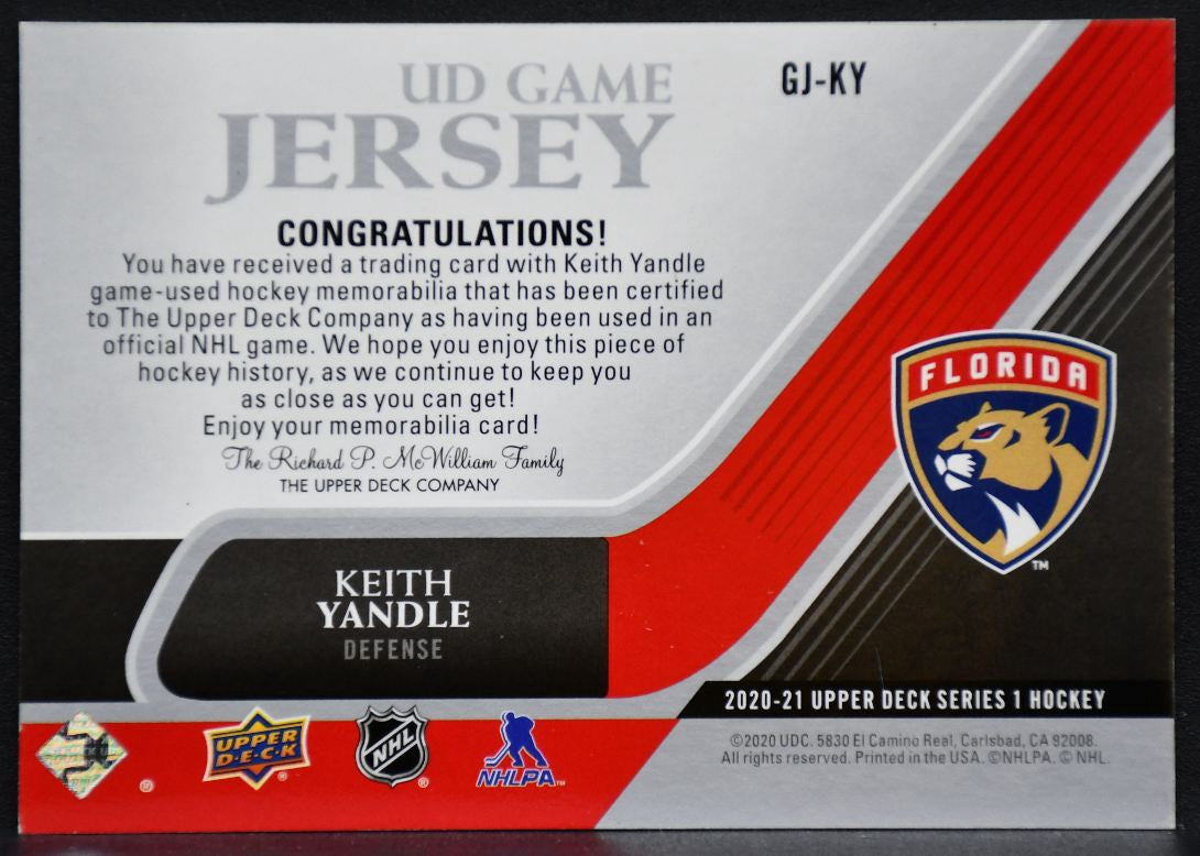 2020-21 Upper Deck UD Game Jersey Keith Yandle GJ-KY Florida Panthers Jersey 2431