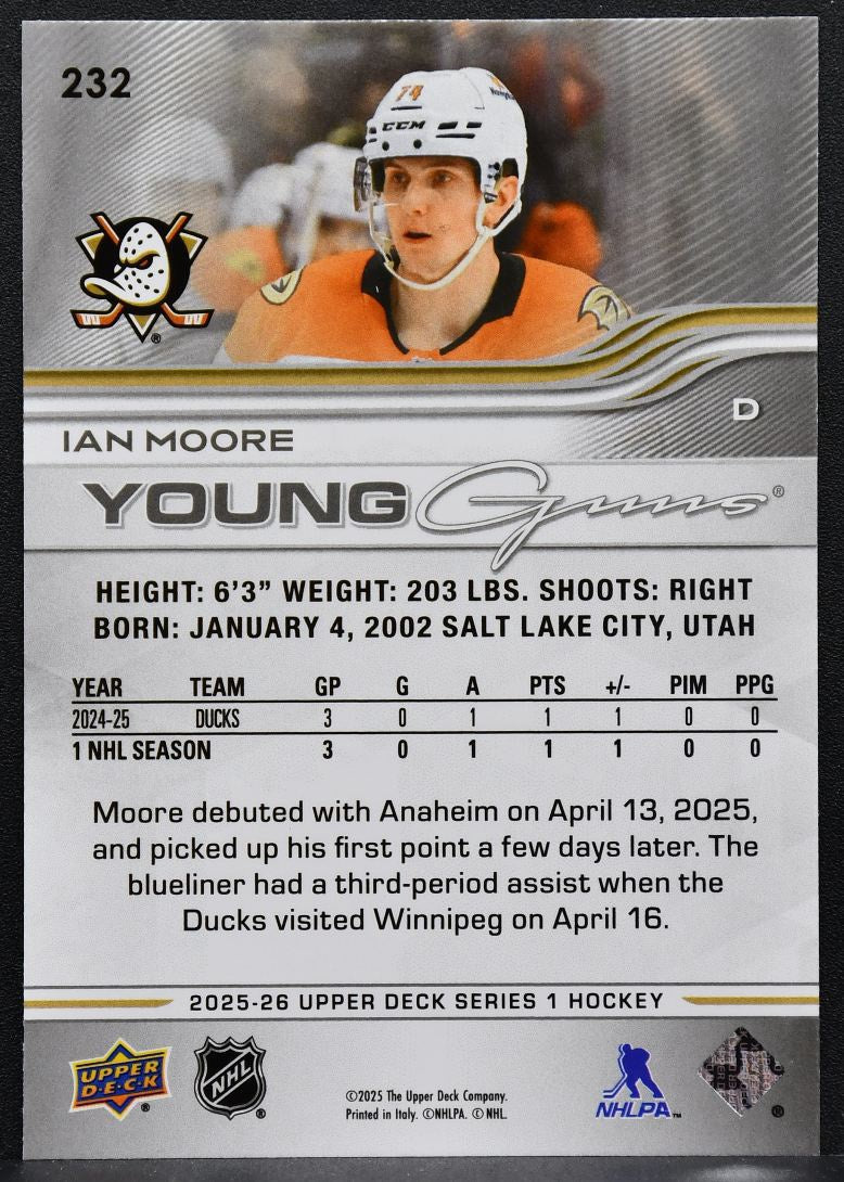 2025-26 Upper Deck Series 1 Young Guns Exclusives Ian Moore 232 RC 100/100 7343
