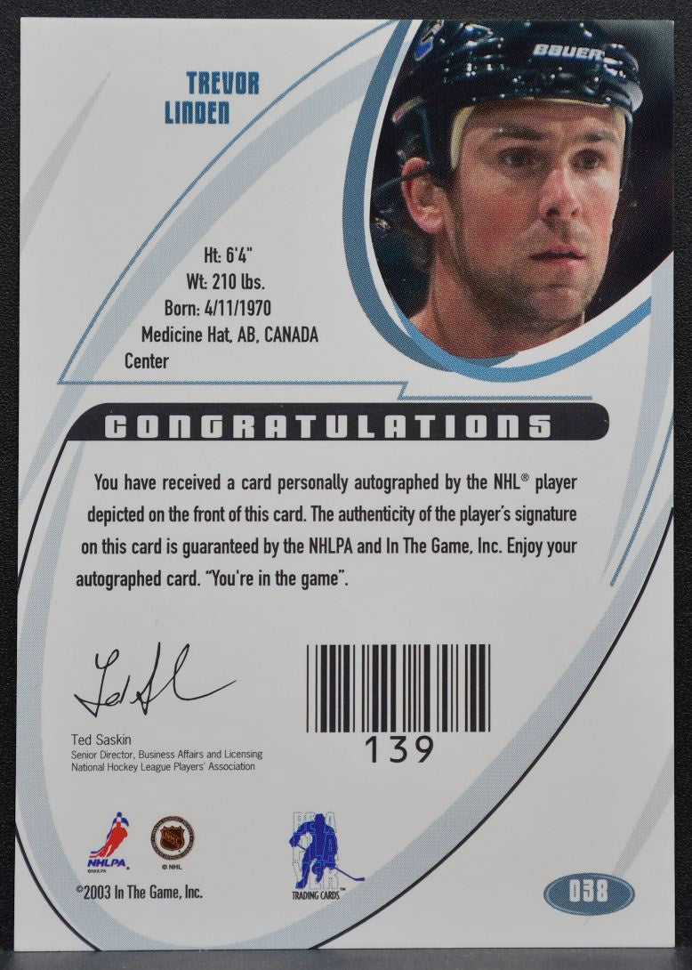 2002-03 In The Game Signature Taylor Linden 038 Vancouver Canucks Auto 7332