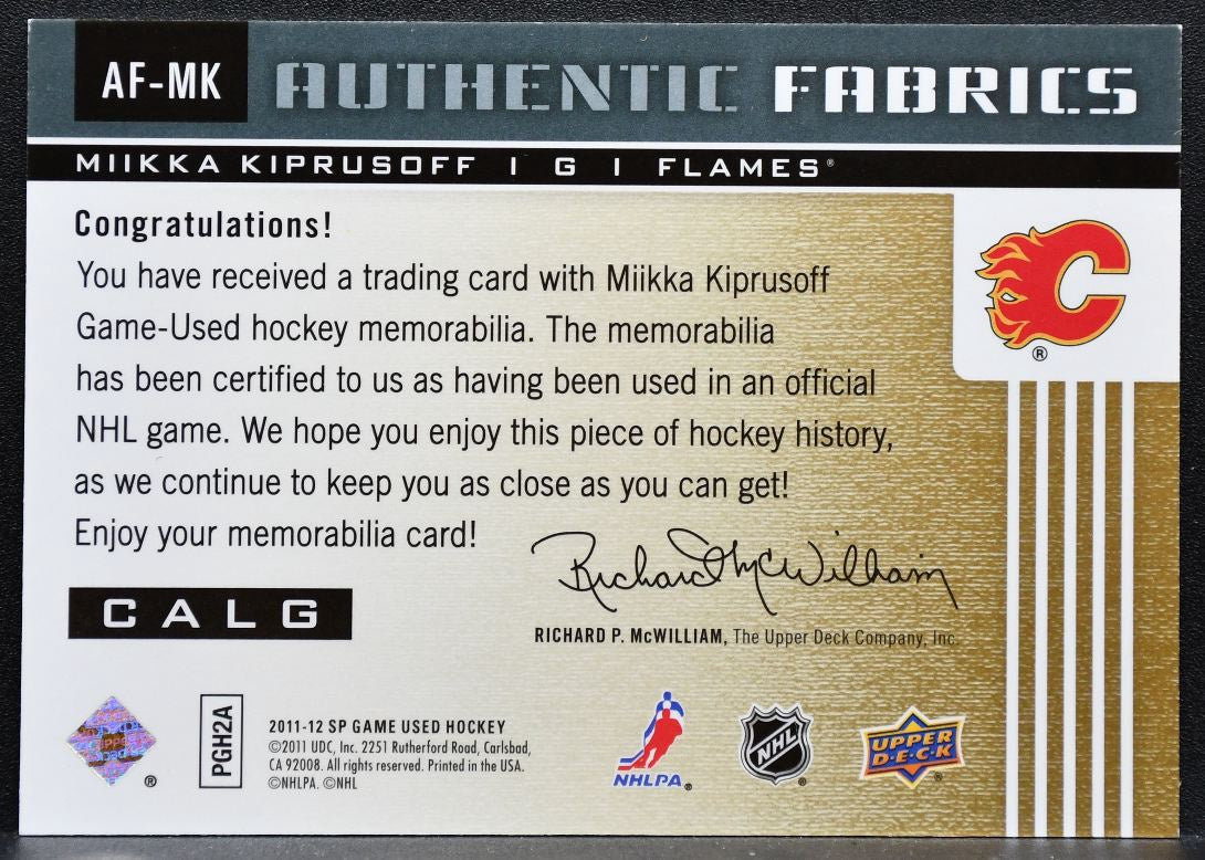 2011-12 SP Game Used Authentic Fabrics Miikka Kiprusoff AF-MK Flames Jersey 6519