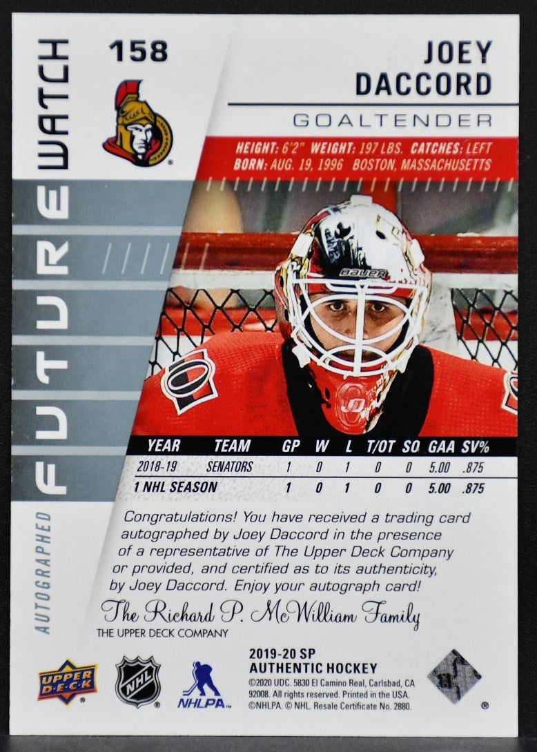 2019-20 SP Authentic Future Watch Auto Joey Daccord 158 Auto 963/999