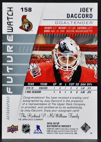 2019-20 SP Authentic Future Watch Auto Joey Daccord 158 Auto 963/999