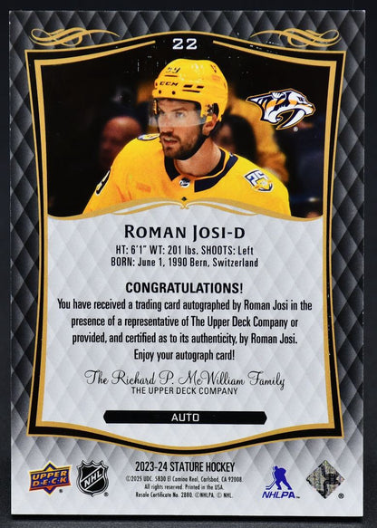 2023-24 UD Stature Base Auto Roman Josi 22 Auto
