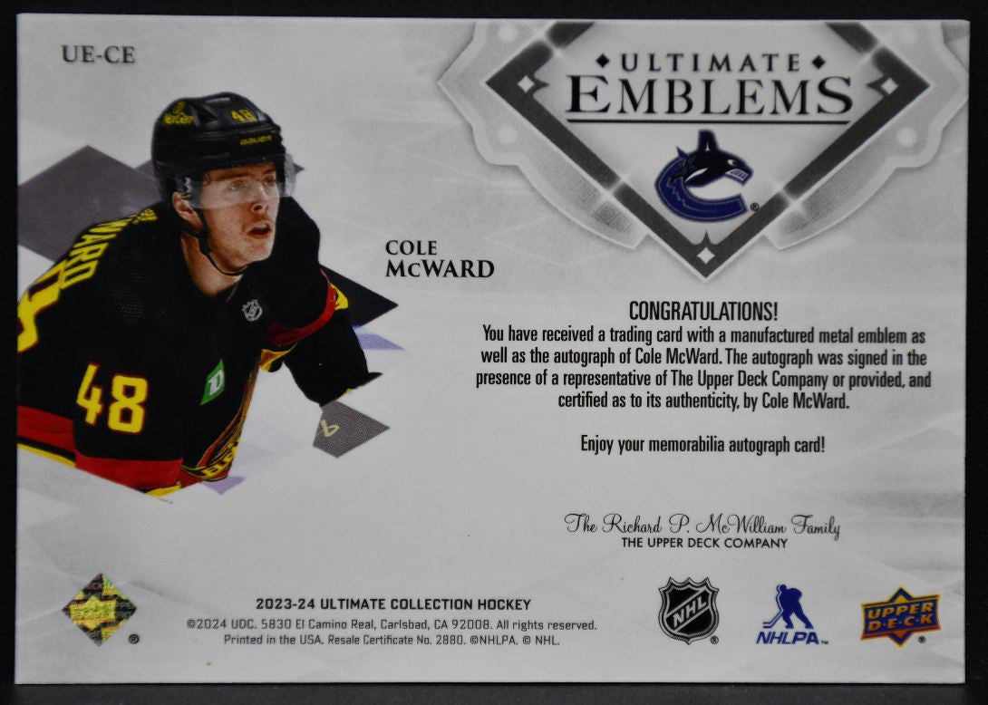 23-24 UD Ultimate Collection Emblems Auto RC McWard Vancouver Canucks RC Auto 6423